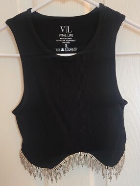 Black Ribbed Crop Tank with Rhinestone Fringe